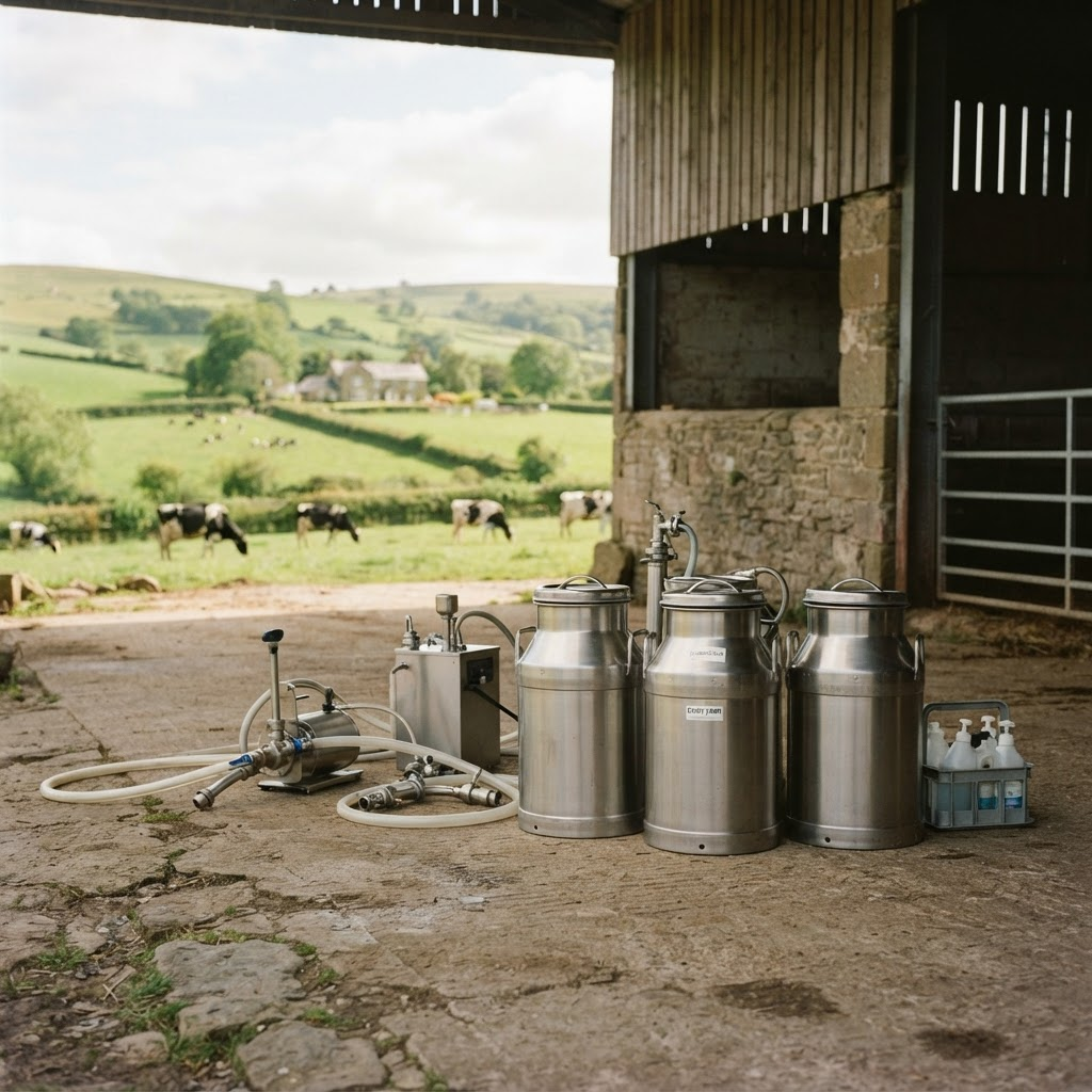Tarros de leche y equipamiento de tambo en un ambiente rural