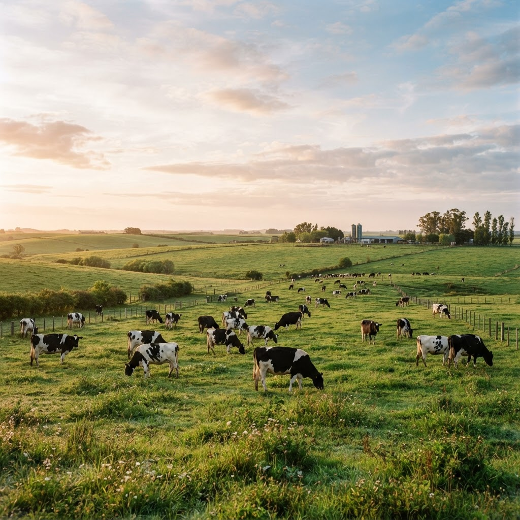 Vacas lecheras pastando en un campo verde en Santa Fe