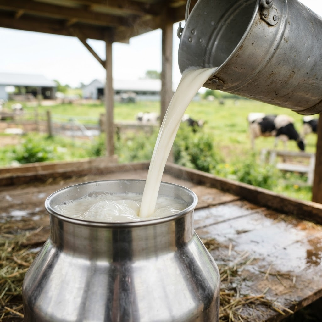 Leche fresca siendo servida en un recipiente en el tambo